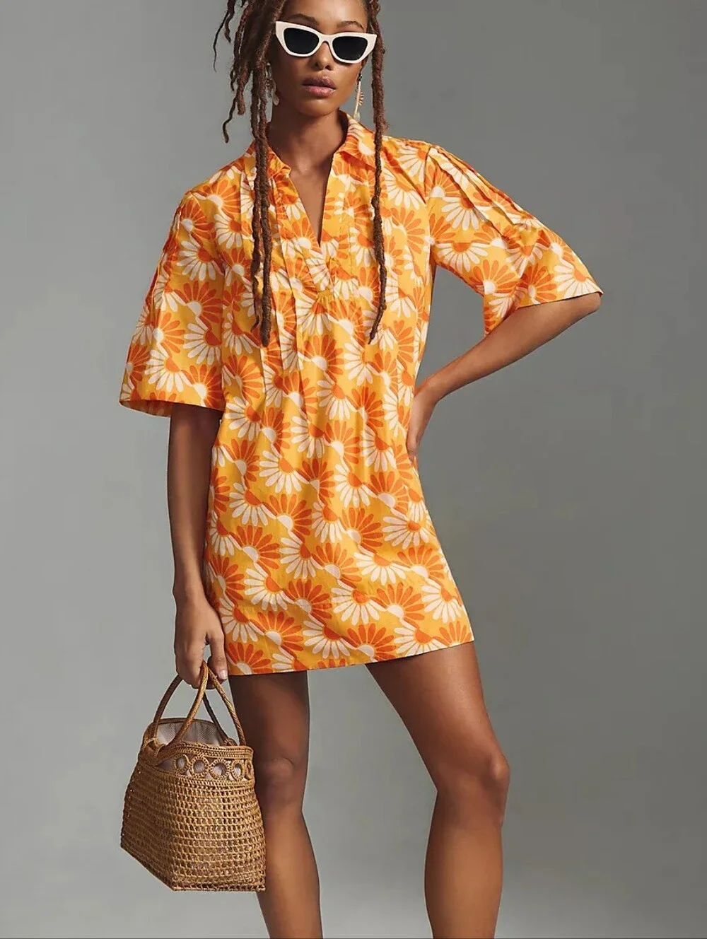 By Anthropologie Printed V-Neck Cotton Tunic Dress Orange White Daisy